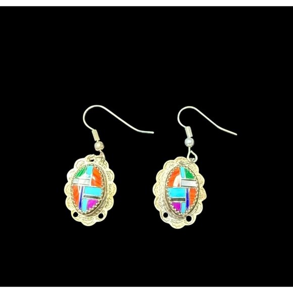 Vtg Sterling Silver Navajo by Dee Morris Multicolor Mosaic Hook Earrings SIGNED - Picture 4 of 7